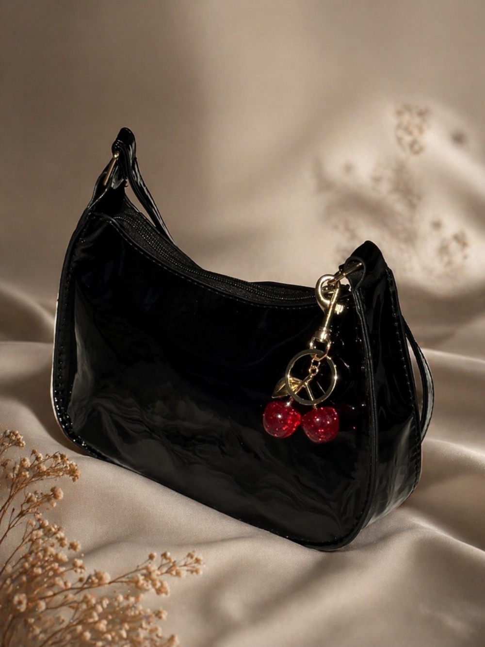 Summer 2026 ✨ Glossy Black 🖤Patent Shoulder Designer Bag with Cherry Charm🍒